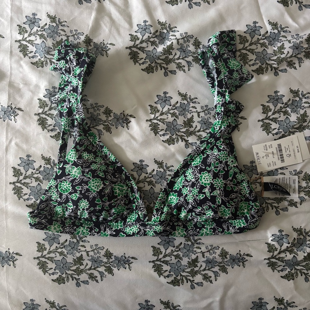 NWT J. Crew Navy and Green Floral Bikini Top